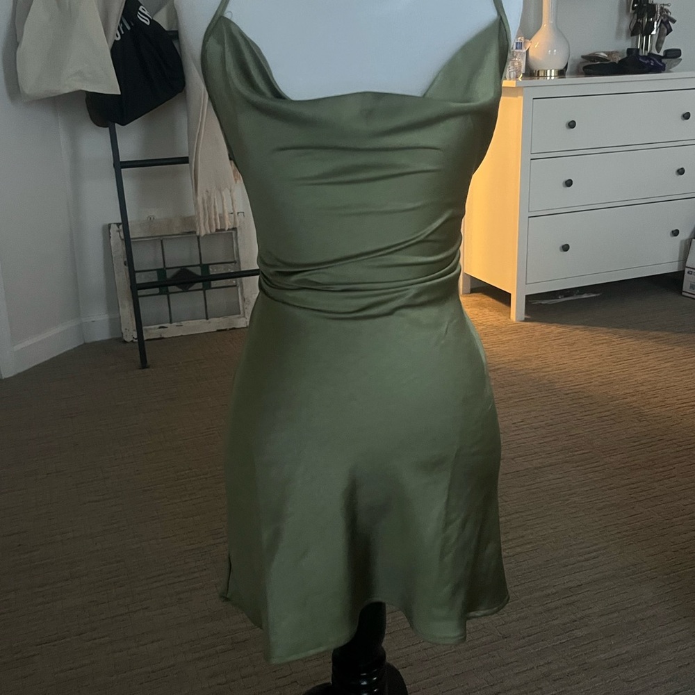 Olive Green Motel Rocks Silk Crowl Neck Mini Dress